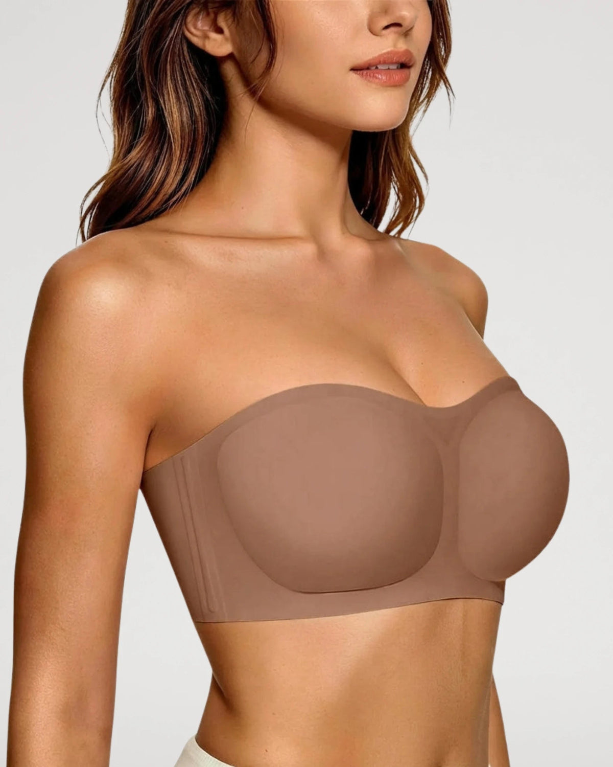 PLERIVA Anti-Slip Strapless Wireless Lift Bra in Coffee, side close-up on model