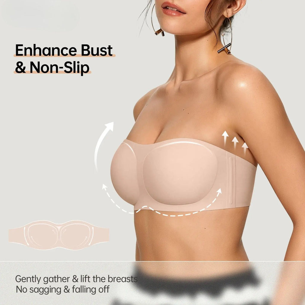 PLERIVA Anti-Slip Strapless Wireless Lift Bra in Nude, overview of the lift and non-slip grip
