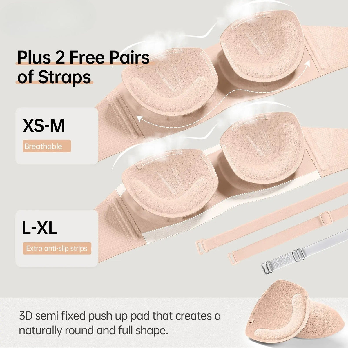 PLERIVA Anti-Slip Strapless Wireless Lift Bra in Nude, push-up pads and the two included strap pairs