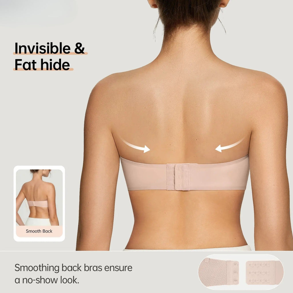 PLERIVA Anti-Slip Strapless Wireless Lift Bra in Nude, smooth back view with hook closure detail