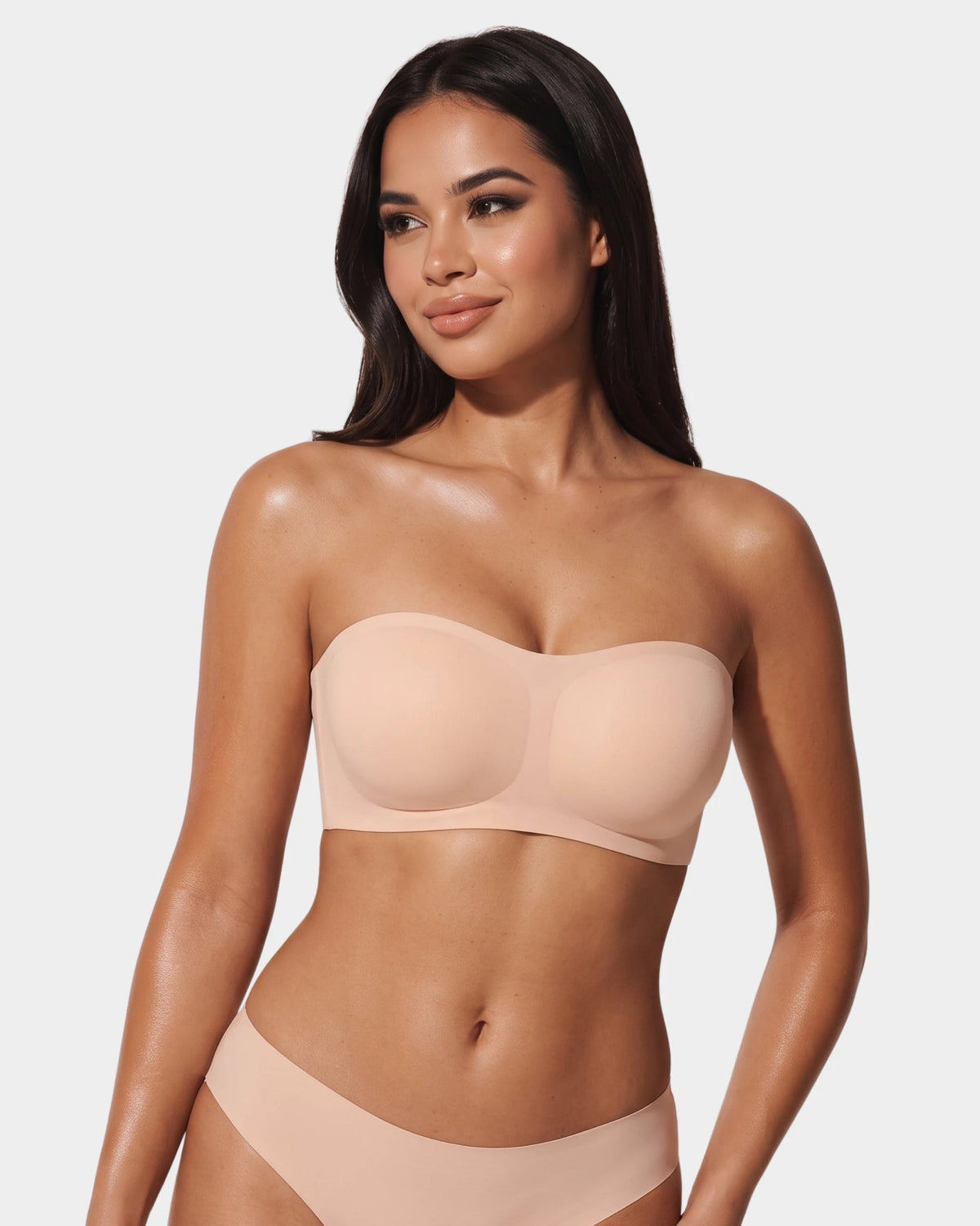 PLERIVA Anti-Slip Strapless Wireless Lift Bra in Nude, strapless front view on model