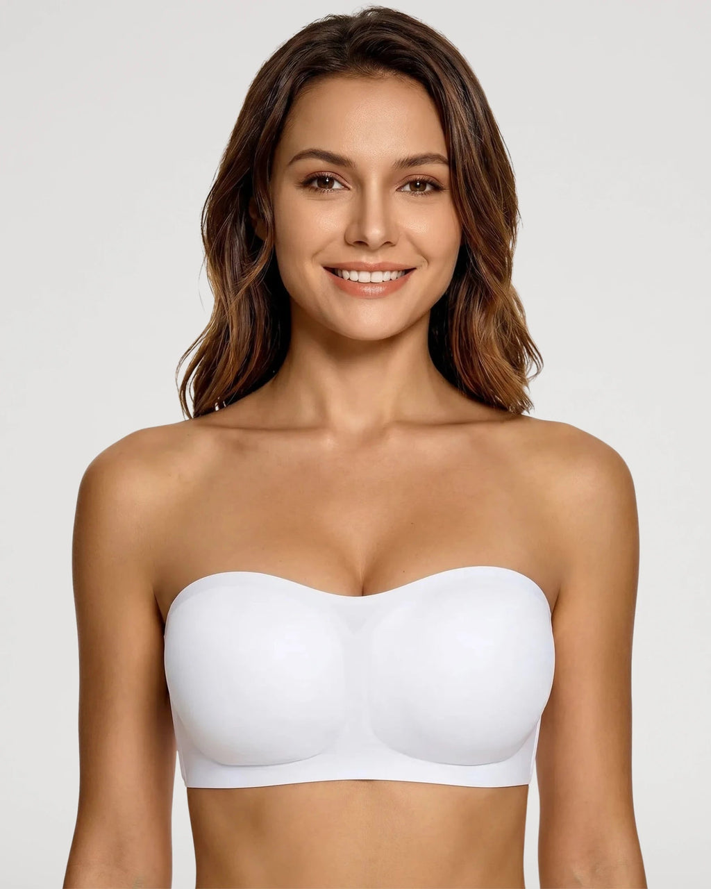 PLERIVA Anti-Slip Strapless Wireless Lift Bra in White, front view on model