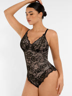 PLERIVA Breathable Lace V-Neck Bodysuit in Black, three-quarter view on model with arm raised