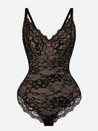 PLERIVA Breathable Lace V-Neck Bodysuit in Black, flat lay of the lace bodysuit
