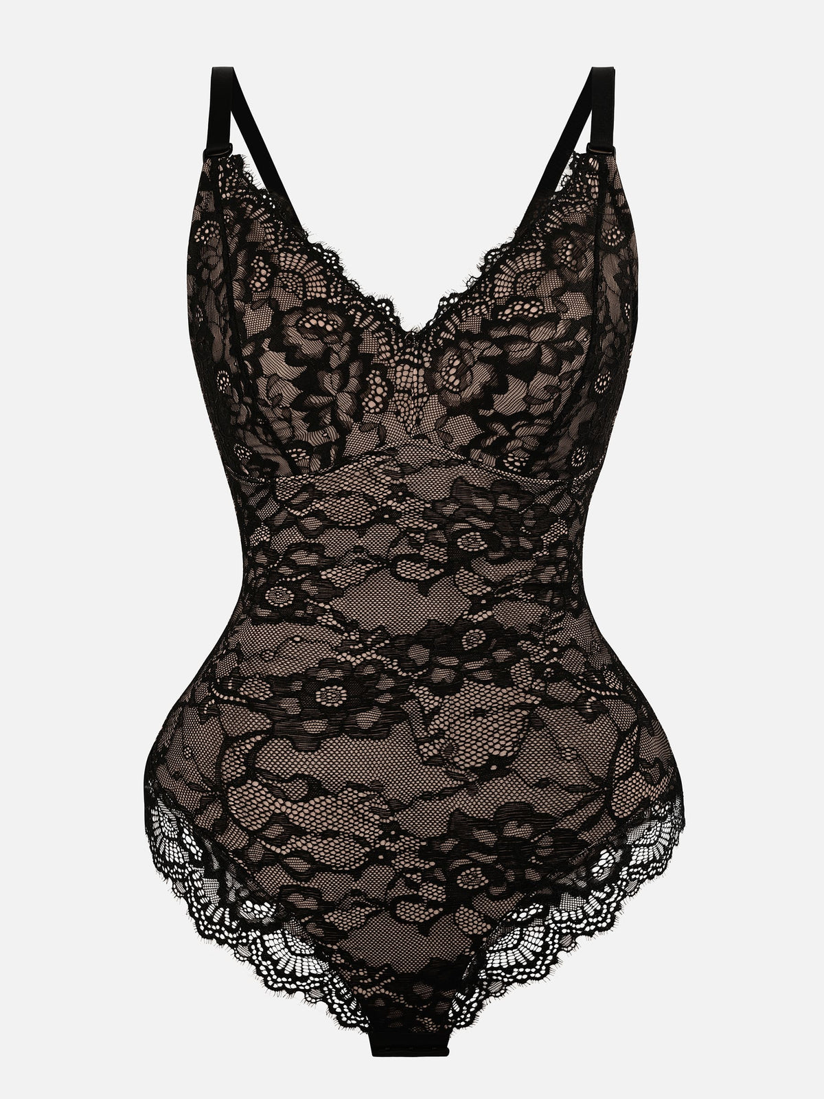 PLERIVA Breathable Lace V-Neck Bodysuit in Black, flat lay of the lace bodysuit