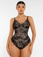 PLERIVA Breathable Lace V-Neck Bodysuit in Black, full-length front view on model