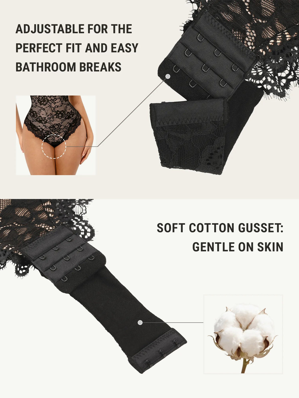 PLERIVA Breathable Lace V-Neck Bodysuit in Black, adjustable hook closure and soft cotton gusset