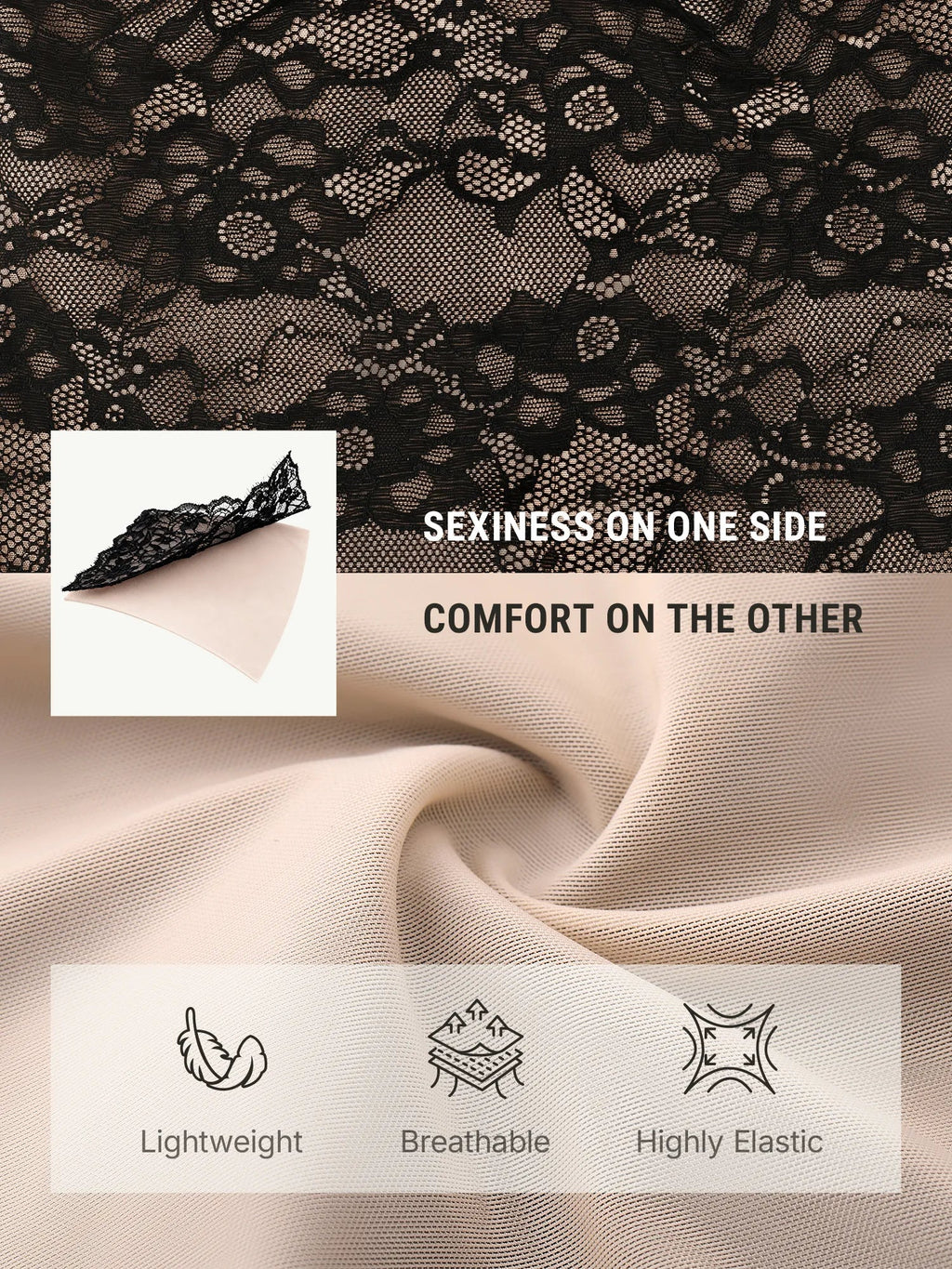 PLERIVA Breathable Lace V-Neck Bodysuit in Black, close-up of the lace and soft lining fabric