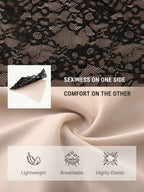 PLERIVA Breathable Lace V-Neck Bodysuit in Black, close-up of the lace and soft lining fabric