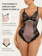 PLERIVA Breathable Lace V-Neck Bodysuit in Black, side mesh support and waist shaping features