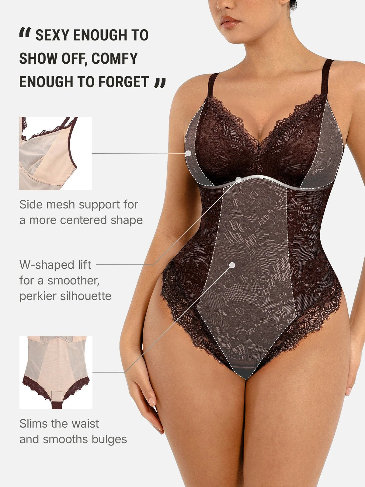 PLERIVA Breathable Lace V-Neck Bodysuit in Khaki, side mesh support and waist shaping features