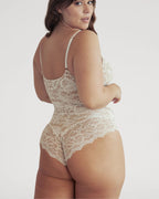 PLERIVA Breathable Lace V-Neck Bodysuit in White, back view on a curvy model