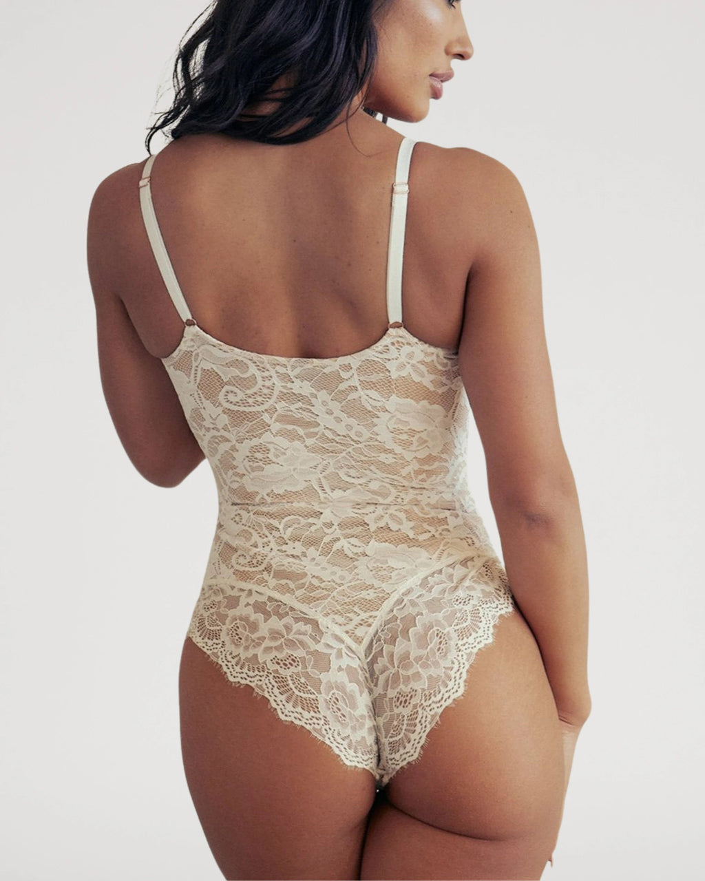 PLERIVA Breathable Lace V-Neck Bodysuit in White, back view on model