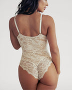 PLERIVA Breathable Lace V-Neck Bodysuit in White, back view on model