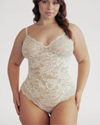 PLERIVA Breathable Lace V-Neck Bodysuit in White, front view on a curvy model