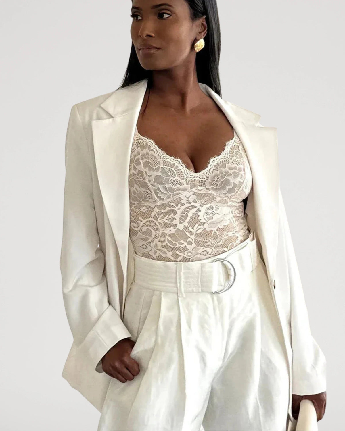 PLERIVA Breathable Lace V-Neck Bodysuit in White, styled with a blazer and trousers