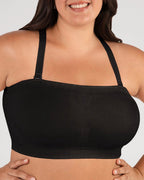 PLERIVA Convertible Invisible Support Bra in Black, worn with halter straps, front view