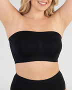 PLERIVA Convertible Invisible Support Bra in Black, strapless front view with arms raised