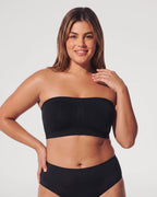 PLERIVA Convertible Invisible Support Bra in Black, strapless front view on model with matching briefs