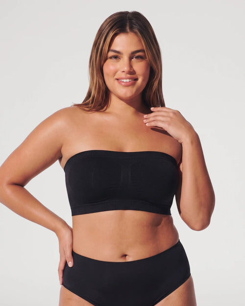 PLERIVA Convertible Invisible Support Bra in Black, strapless front view on model with matching briefs