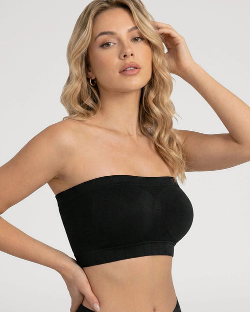 PLERIVA Convertible Invisible Support Bra in Black, strapless three-quarter view on model