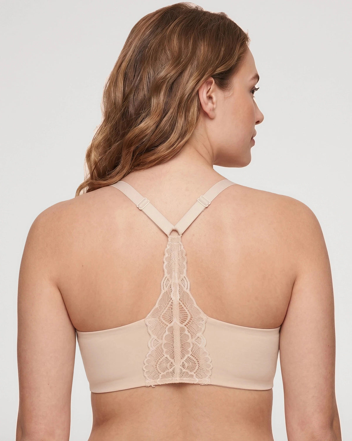 PLERIVA Deep V Lace Racerback Bralette in Beige, back view of the lace racerback