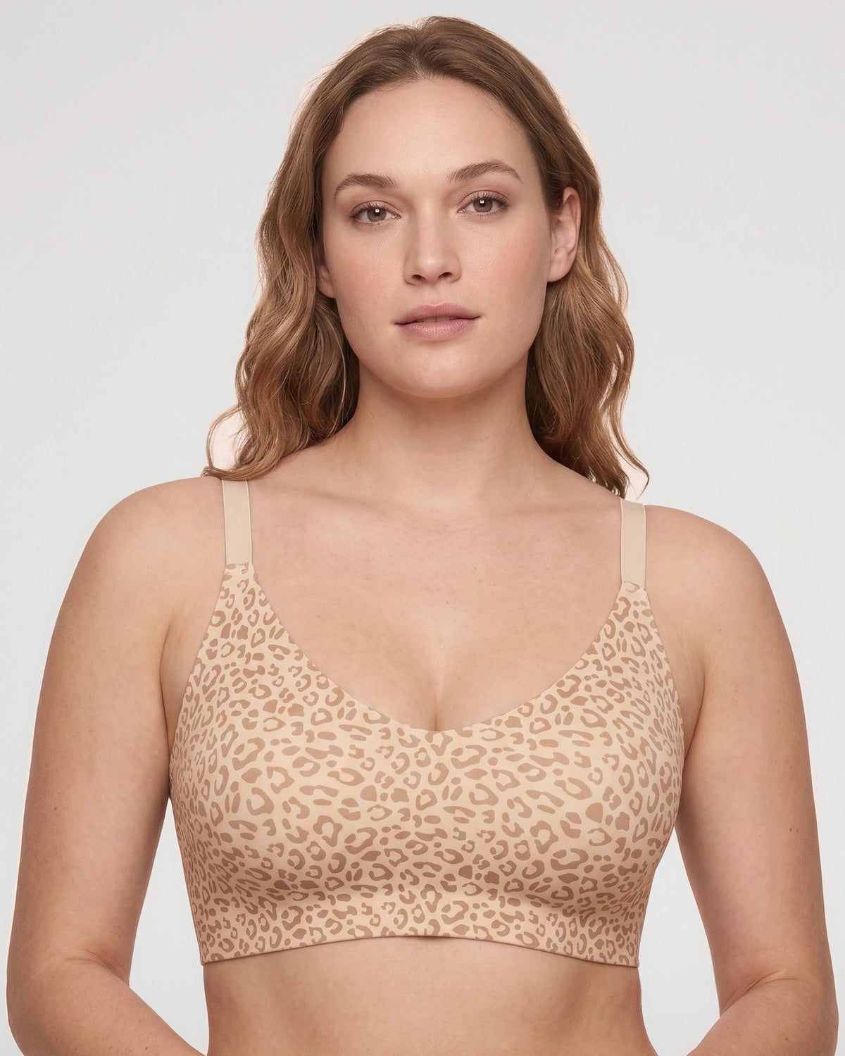 PLERIVA Deep V Lace Racerback Bralette in Beige Leopard, front view on model