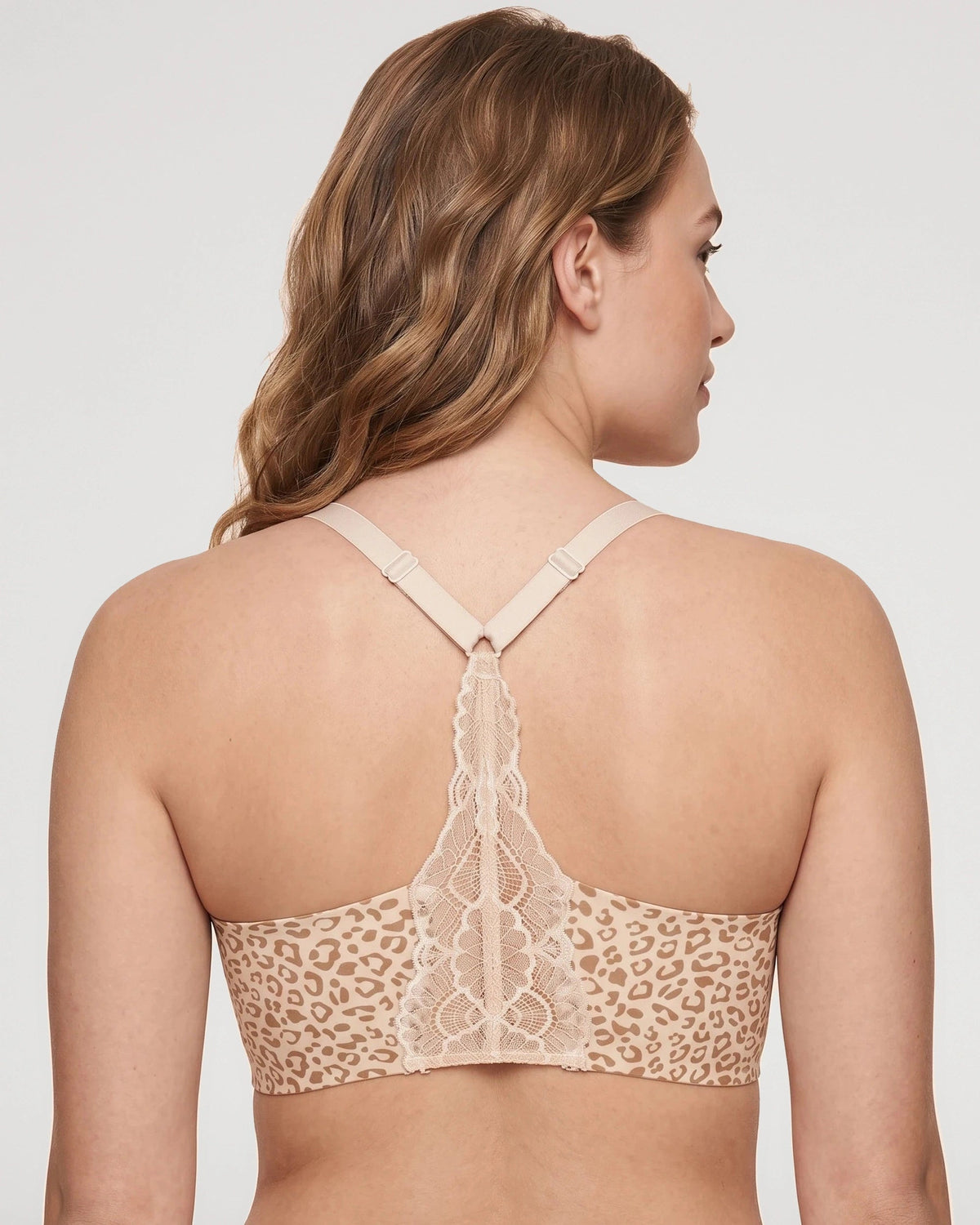 PLERIVA Deep V Lace Racerback Bralette in Beige Leopard, back view of the lace racerback
