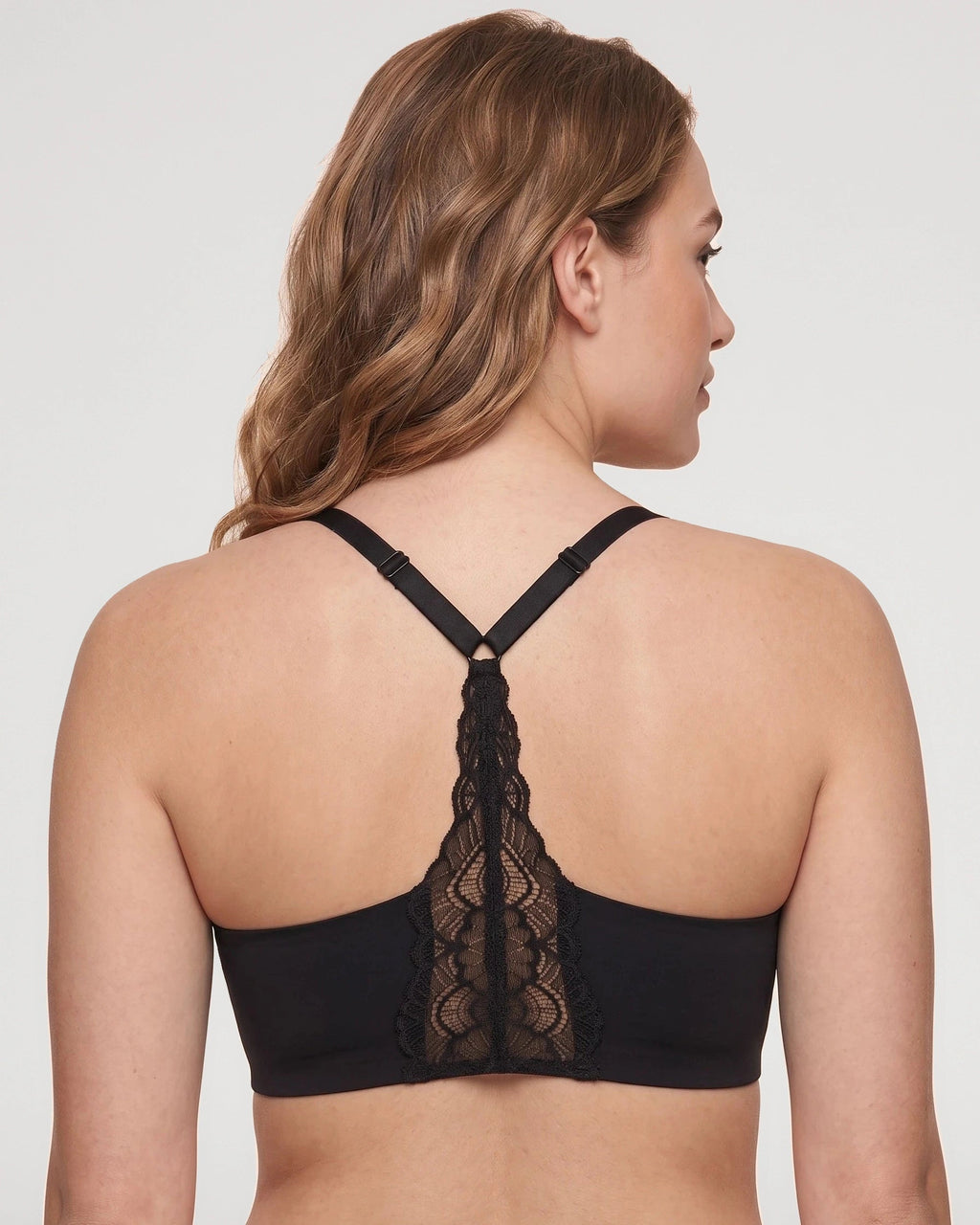 PLERIVA Deep V Lace Racerback Bralette in Black, back view of the lace racerback