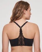 PLERIVA Deep V Lace Racerback Bralette in Black, back view of the lace racerback