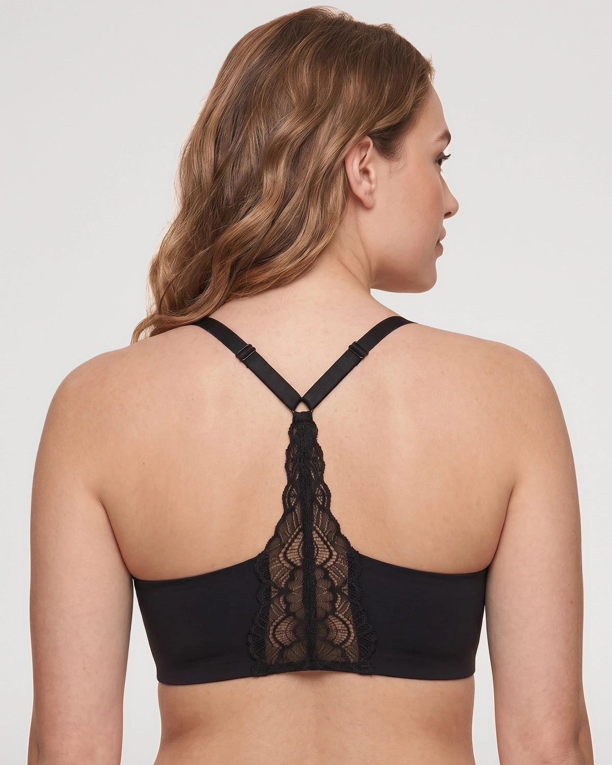 PLERIVA Deep V Lace Racerback Bralette in Black, back view of the lace racerback
