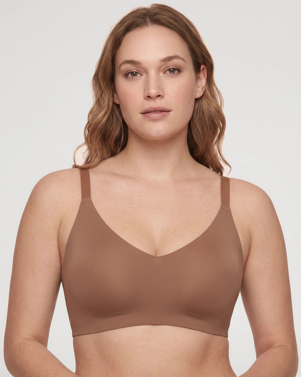 PLERIVA Deep V Lace Racerback Bralette in Brown, front view on model