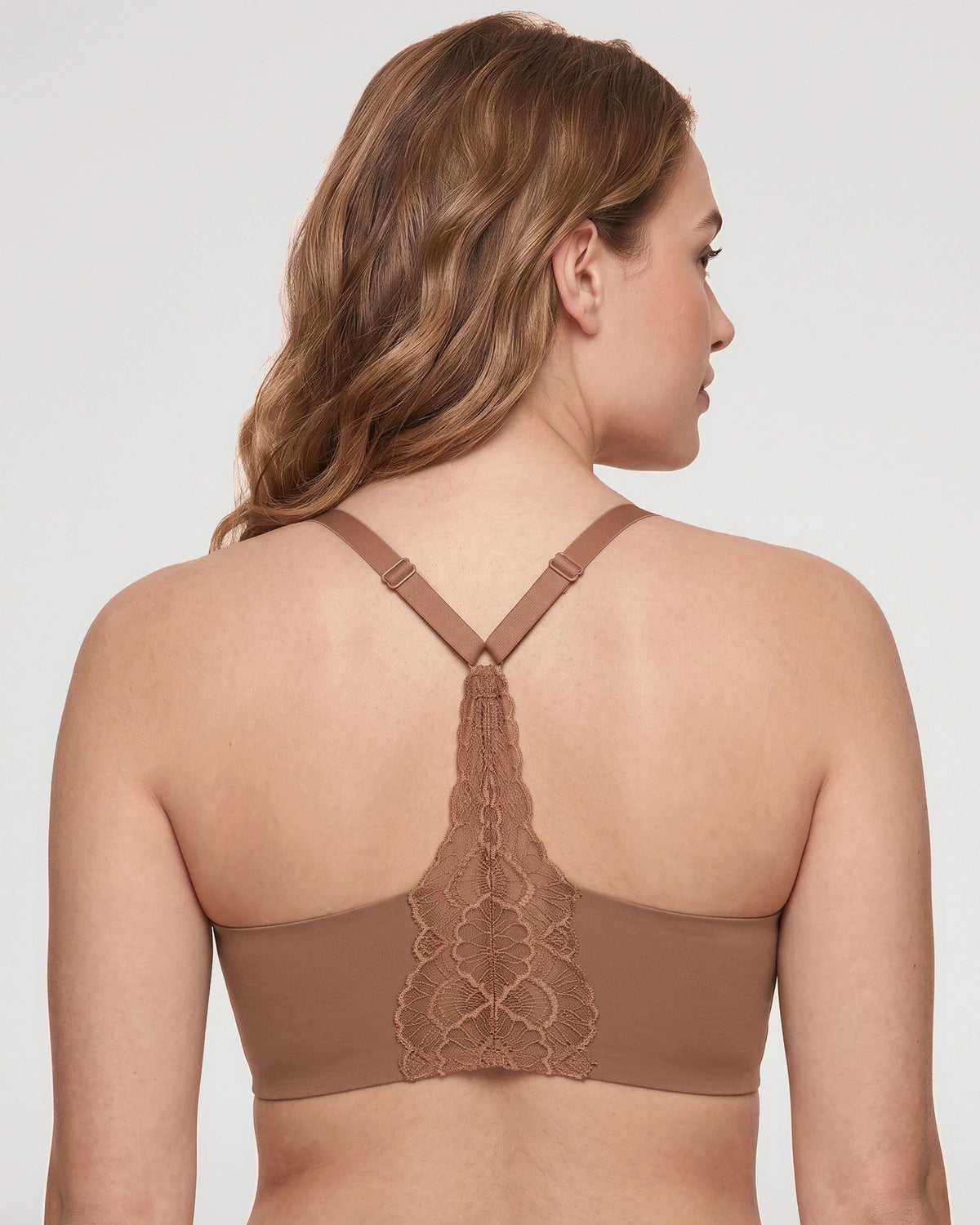 PLERIVA Deep V Lace Racerback Bralette in Brown, back view of the lace racerback
