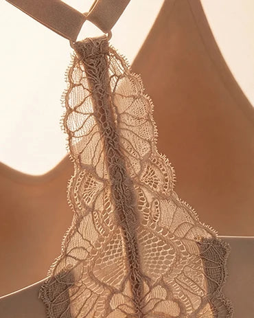 PLERIVA Deep V Lace Racerback Bralette: Lace Back Detail