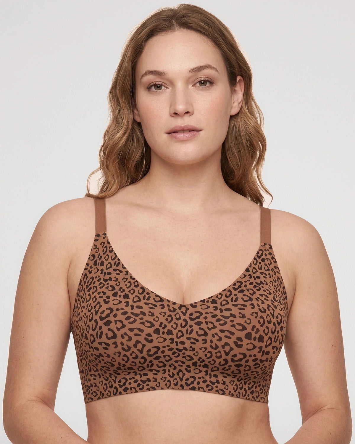 PLERIVA Deep V Lace Racerback Bralette in Leopard, front view on model