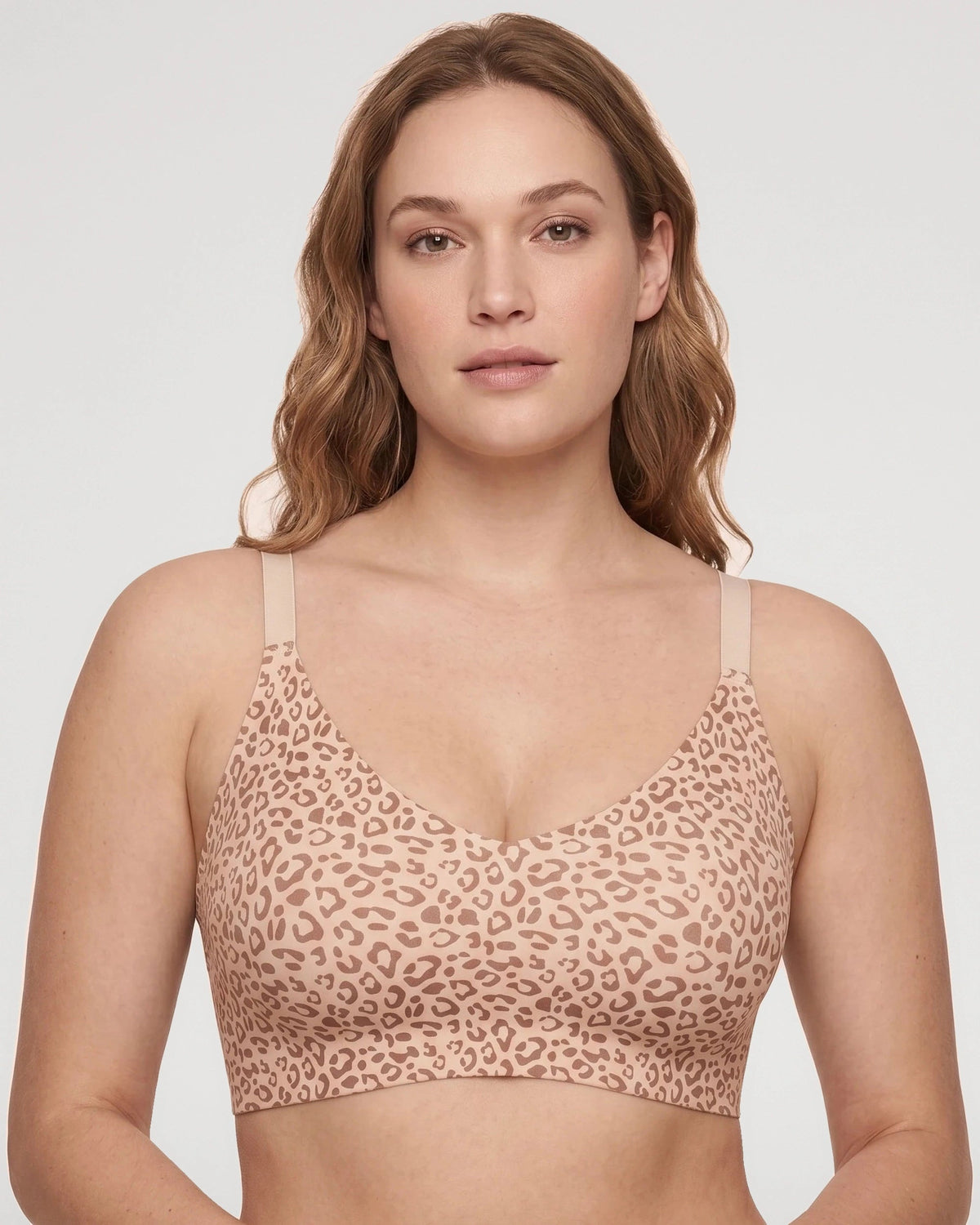 PLERIVA Deep V Lace Racerback Bralette in Light Leopard, front view on model