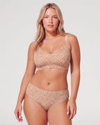 PLERIVA Deep V Lace Racerback Bralette in Light Leopard, full-length front view with matching brief