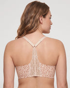 PLERIVA Deep V Lace Racerback Bralette in Light Leopard, back view of the lace racerback