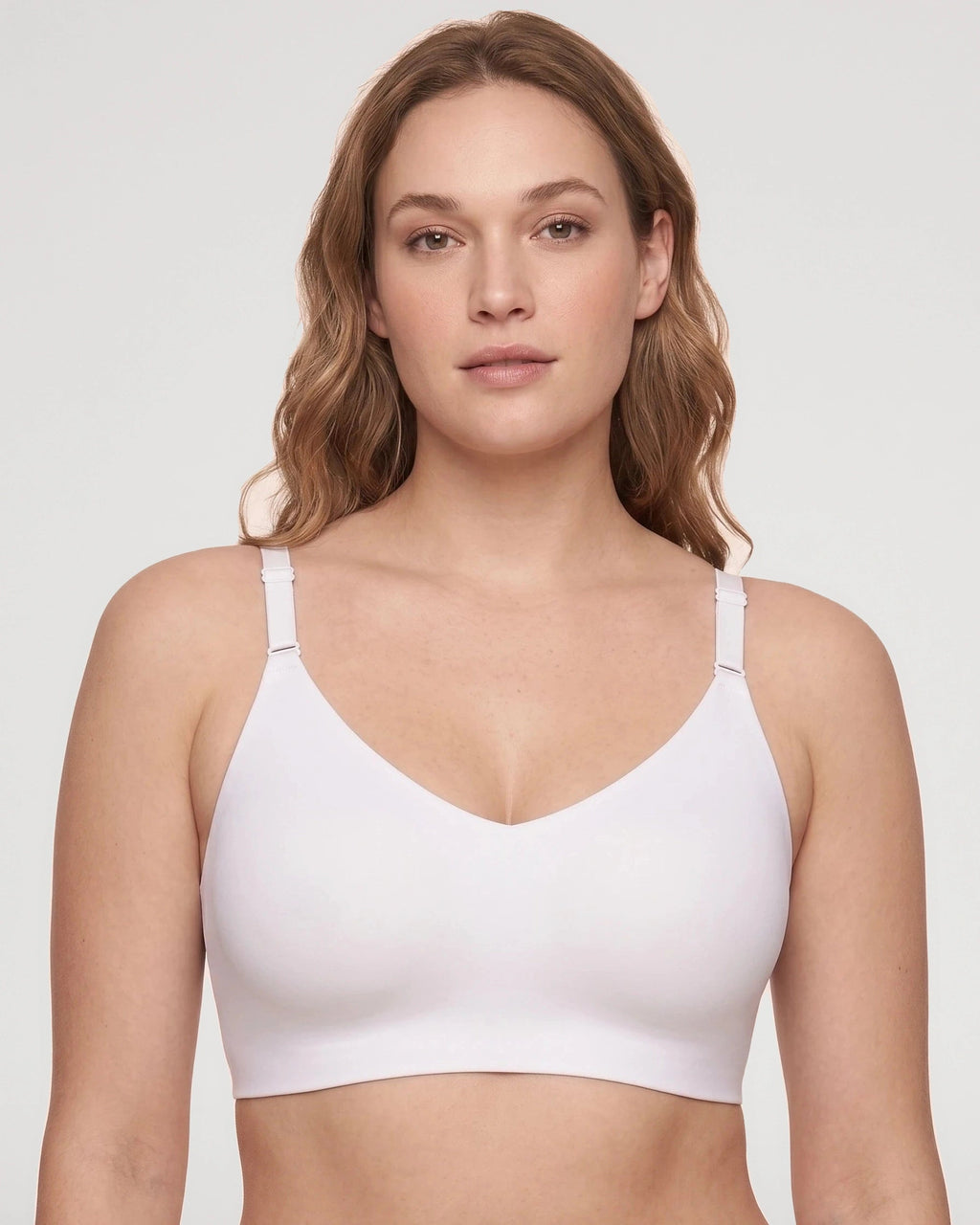 PLERIVA Deep V Lace Racerback Bralette in White, front view on model