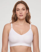 PLERIVA Deep V Lace Racerback Bralette in White, front view on model