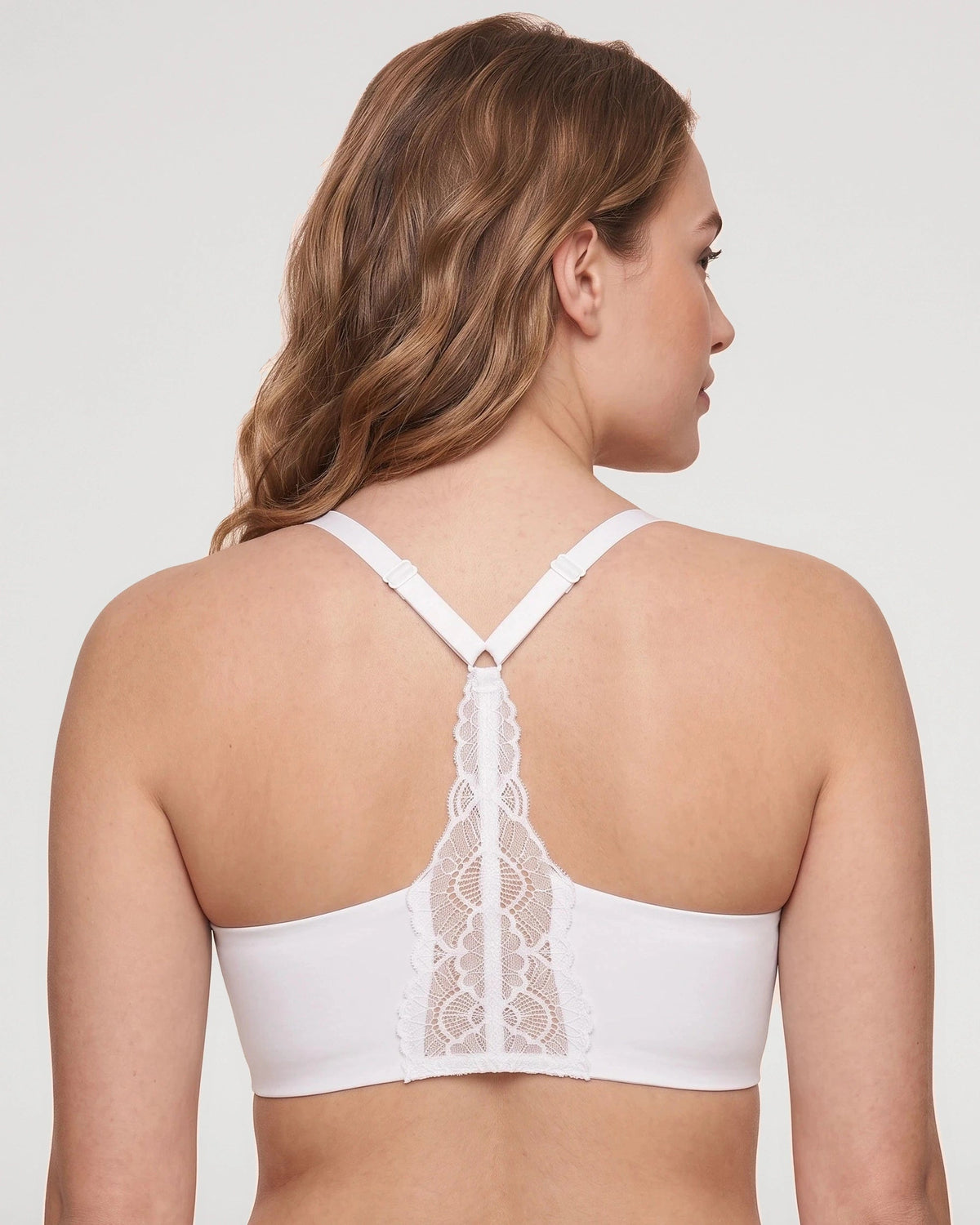 PLERIVA Deep V Lace Racerback Bralette in White, back view of the lace racerback