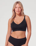PLERIVA Deep V Wireless Bralette with Lace Back in Black, front view on model