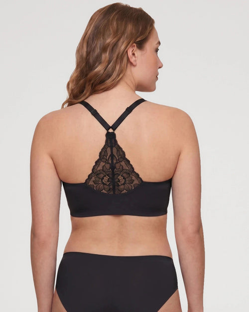 PLERIVA Deep V Wireless Bralette with Lace Back in Black, back view showing the lace racerback