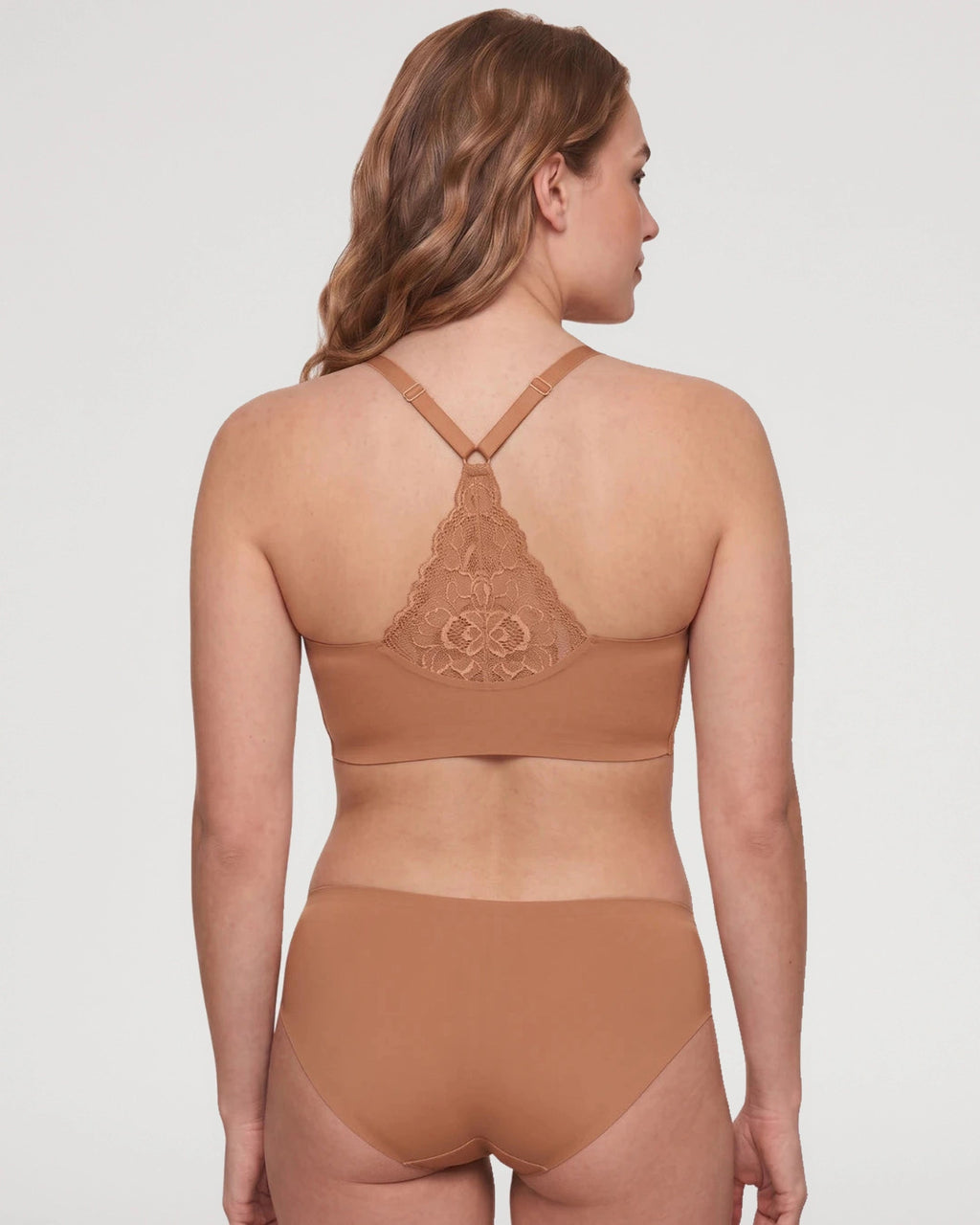 PLERIVA Deep V Wireless Bralette with Lace Back in Brown, back view showing the lace racerback