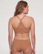 PLERIVA Deep V Wireless Bralette with Lace Back in Brown, back view showing the lace racerback