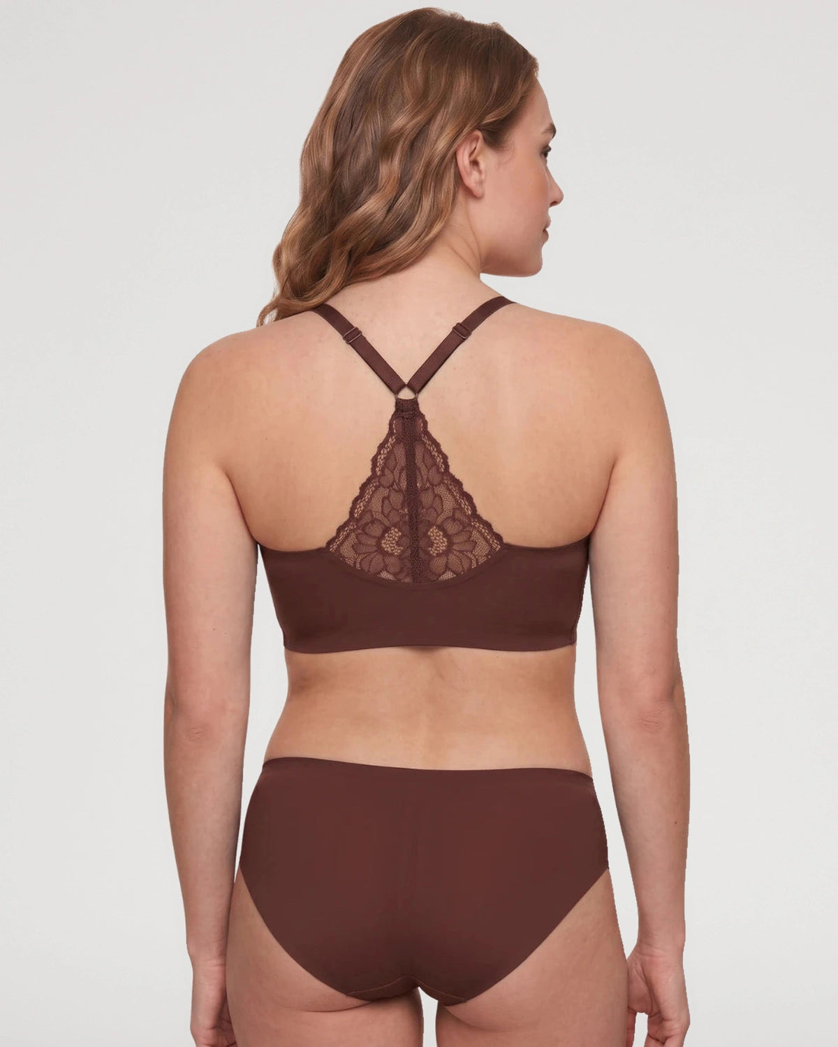PLERIVA Deep V Wireless Bralette with Lace Back in Burgundy, back view showing the lace racerback