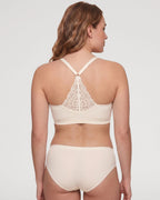 PLERIVA Deep V Wireless Bralette with Lace Back in White, back view showing the lace racerback