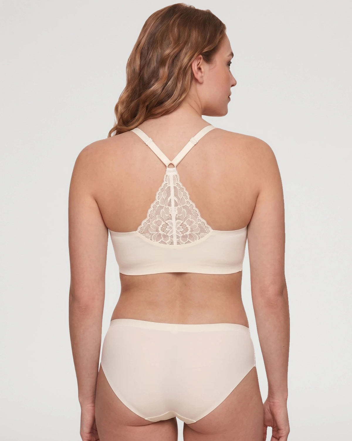 PLERIVA Deep V Wireless Bralette with Lace Back in White, back view showing the lace racerback
