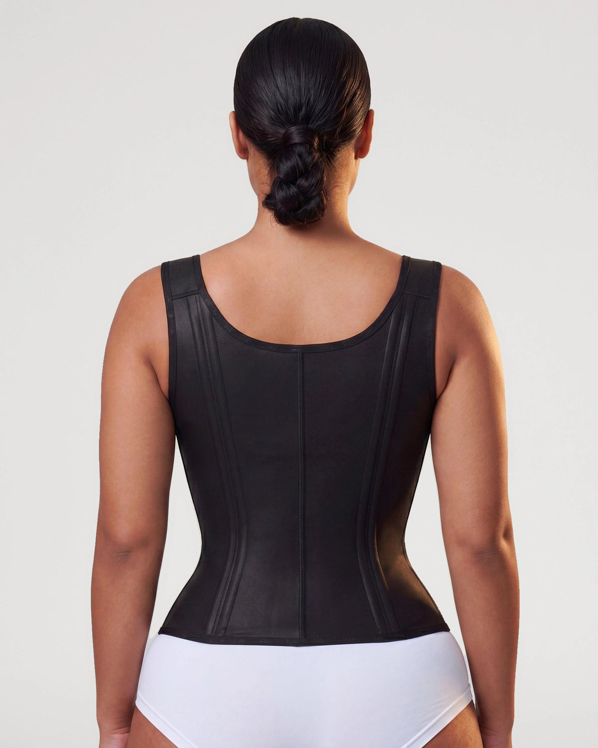 PLERIVA Double Waistband Corset Shaping Vest in Black, back view on model