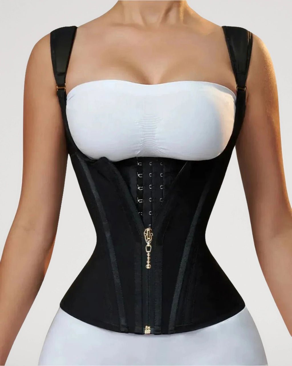 PLERIVA Double Waistband Corset Shaping Vest in Black, close-up of the front hooks and zipper